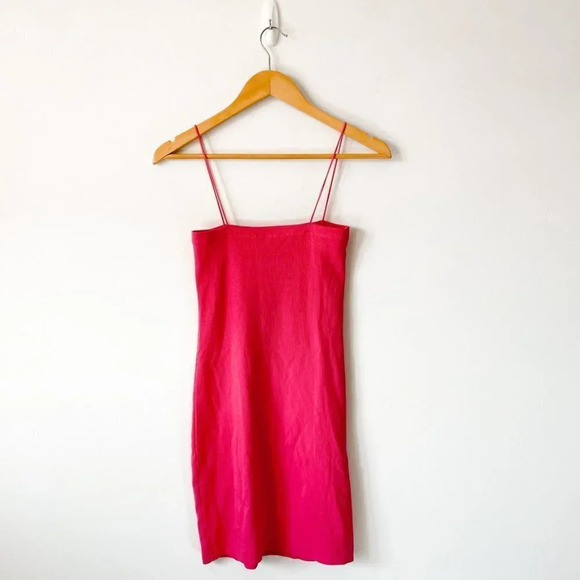 Zara Ribbed Tight Bodycon Spaghetti Strap Mini Dress Hot Barbie  Pink Sz M - Picture 5 of 7